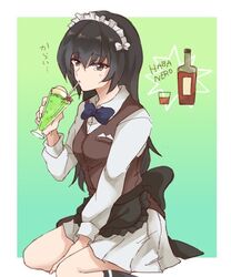  alpachiiino apron arm_support black_apron black_bow black_bowtie black_hair black_socks bottle bow bowtie brown_eyes brown_vest commentary cosplay cup cutlass_(girls_und_panzer) cutlass_(girls_und_panzer)_(cosplay) dress_shirt drinking drinking_glass drinking_straw female food frilled_apron frills fruit girls_und_panzer glass gradient_background green_background hairband handkerchief holding large_bow lemon long_hair maid_headdress miniskirt outside_border pleated_skirt print_socks protected_link reizei_mako shirt shot_glass sitting skirt socks solo tearing_up vest waist_apron wariza white_hairband white_shirt white_skirt wing_collar 