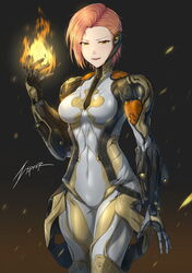  &gt;:) artist_name bodysuit breasts brown_hair commentary cowboy_shot ember_(warframe) english_commentary female fire highres humanization looking_at_viewer medium_breasts orange_hair power_suit short_hair simple_background smile solo teeth upper_teeth_only v-shaped_eyebrows warframe yellow_eyes zxpfer 