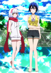  2girls anime_screenshot bare_legs bikini black_shorts blue_hair blush bow breasts cloud cloudy_sky day frown green_eyes grey_hair hair_between_eyes hair_ornament hairband hairbow highres looking_at_viewer multiple_girls nisekoi outdoors paula_mccoy red_eyes red_scarf scarf short_hair short_shorts shorts sky sweater swimsuit tree tsugumi_seishirou water white_sweater 