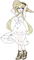  armpits arms_up bare_shoulders blonde_hair blue_eyes blush breasts brown_footwear buttons cleavage commentary_request dress female flat_color from_side full_body hair_over_shoulder hand_on_headwear hat highres himekawa_hinari large_breasts long_hair looking_at_viewer low_twintails open_mouth original sandals scrunchie see-through_silhouette simple_background smile solo standing straw_hat sundress toes twintails very_long_hair wedge_heels white_background white_dress yoshida_hideyuki 