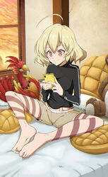  :3 ahoge akuma_no_riddle barefoot bed blonde_hair blush breasts cellphone chromatic_aberration commentary_request commission draw-till-death feet female hashiri_nio highres knees_apart_feet_together medium_breasts phone red_eyes short_hair shorts sitting smile soles solo stuffed_toy tattoo toes 