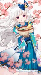  artist_name bell blue_bow blue_kimono blue_skirt blurry blurry_foreground bow braid branch cake_(isiofb) commentary_request depth_of_field female fingernails flower frilled_skirt frills hair_bell hair_ornament hairbow head_tilt holding idol_time_pripara japanese_clothes jingle_bell kimono koda_michiru long_hair long_sleeves miichiru_(pripara) nengajou new_year parted_lips pink_flower pleated_skirt pretty_series pripara ribbon-trimmed_sleeves ribbon_trim short_kimono side_braids signature skirt sleeves_past_wrists solo star_(symbol) translated twin_braids very_long_hair white_hair wide_sleeves 