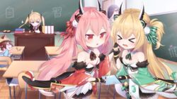  &gt;_&lt; 5girls amazon_(azur_lane) animal_ears ark_royal_(azur_lane) azur_lane blonde_hair blurry book candy cat_ears chalkboard cheek_pinching classroom commentary_request depth_of_field detached_sleeves fingerless_gloves food gloves hamakaze_(azur_lane) hamakaze_(retrofit)_(azur_lane) horns kokone_(coconeeeco) lollipop long_hair multiple_girls mutsuki_(azur_lane) notebook open_mouth peeking_out pinching pink_hair red_eyes sleeping table tanikaze_(azur_lane) tanikaze_(retrofit)_(azur_lane) 