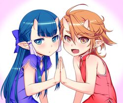  212_(kisaragi) 2girls ahoge bad_id bad_pixiv_id blue_eyes blue_hair brown_eyes brown_hair china_dress chinese_clothes demon_girl dress holding_hands horns long_hair multiple_girls original pointy_ears ribbon short_hair skin-covered_horns sleeveless smile 