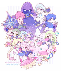  3boys 6+girls bad_id bad_pixiv_id beruche_(sailor_moon) bishoujo_senshi_sailor_moon bishoujo_senshi_sailor_moon_r black_moon_clan blonde_hair blue_hair blue_sailor_collar blue_skirt boots braid braided_bangs brown_eyes brown_hair calaveras_(sailor_moon) chibi chibi_usa circlet cone_hair_bun crescent crescent_facial_mark crystal crystal_ball crystal_earrings cutie_moon_rod double_bun earrings esmeraude_(sailor_moon) facial_mark forehead_jewel forehead_mark garnet_rod gem green_eyes green_hair hair_bun heart_wand highres jewelry knee_boots koan_(sailor_moon) long_hair magical_boy magical_girl meiou_setsuna multiple_boys multiple_girls petz_(sailor_moon) pink_eyes pink_hair pleated_skirt prince_demande purple_eyes purple_hair red_eyes ribbon rubeus_(sailor_moon) sailor_collar sailor_moon sailor_pluto sailor_senshi_uniform saki_(hxaxcxk) saphir_(sailor_moon) school_uniform serafuku short_hair silhouette skirt sparkle staff star_(symbol) striped striped_background tsukino_usagi twintails wiseman_(sailor_moon) 