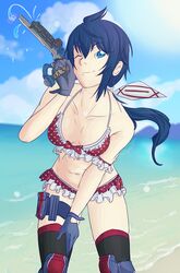  ;) ahoge beach bikini black_thighhighs blue_eyes blue_gloves blue_hair breasts commentary_request day female frilled_bikini frills gartastic gloves hair_ribbon holster imca knee_pads leaning_forward long_hair low_ponytail midriff ocean one_eye_closed polka_dot polka_dot_bikini red_bikini ribbon senjou_no_valkyria_(series) senjou_no_valkyria_3 small_breasts smile solo swimsuit thigh_holster thigh_strap thighhighs var_(weapon) water_gun weapon 