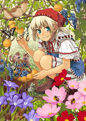  animal aqua_eyes basket bee bird blonde_hair blue_eyes boots bow braid bug butterfly commentary_request female flower food fruit grapes grass hairbow highres lace lace_trim leaf looking_at_viewer nashi_pear original outdoors pear plant pleated_skirt romania romanian_clothes scissors short_hair short_sleeves skirt smile solo squatting squirrel torii_yoshitsuna twin_braids 