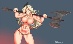  abs amazon_(dragon&#039;s_crown) axe blaccura blonde_hair blue_background breasts circlet commentary_request dragon&#039;s_crown feather_hair_ornament feathers female gradient_background green_eyes grin hair_ornament highres huge_breasts long_hair looking_at_viewer muscular muscular_female navel obliques polearm red_background smile solo thighs twitter_username weapon 