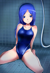  aono_miki blue_eyes blue_hair c-wing commentary_request competition_swimsuit female fresh_precure! hose long_hair one-piece_swimsuit precure swimsuit tile_floor tiles 