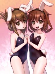  2girls alternate_costume animal_ears bare_legs bare_shoulders brown_eyes brown_hair collarbone commentary_request fake_animal_ears flat_chest folded_ponytail gradient_background hair_between_eyes hairband highres holding_hands ikazuchi_(kancolle) inazuma_(kancolle) interlocked_fingers kantai_collection leotard long_hair looking_at_viewer multiple_girls off_shoulder playboy_bunny rabbit_ears rabbit_tail short_hair tail wavy_mouth you_naka 