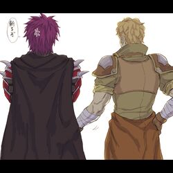  2boys anger_vein back bad_id bad_pixiv_id bandages blonde_hair cape deen_(fire_emblem_gaiden) fire_emblem fire_emblem_echoes:_shadows_of_valentia jesse_(fire_emblem) male_focus mihosanno multiple_boys purple_hair white_background 