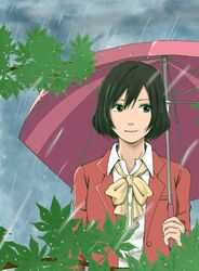  commentary_request female green_eyes green_hair holding holding_umbrella kadochan kimi_no_na_wa. kotonoha_no_niwa leaf looking_to_the_side rain short_hair solo umbrella yukino_yukari 