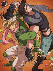  2boys back-to-back blonde_hair boots brown_hair caesar_anthonio_zeppeli clacker commentary_request denim fingerless_gloves gehirnkaefer gloves green_eyes headband highres jeans jojo_no_kimyou_na_bouken joseph_joestar joseph_joestar_(young) knee_pads multiple_boys pants photoshop_(medium) purple_eyes scarf tank_top winged_hair_ornament 