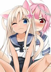  2girls ;3 animal_ears blonde_hair blue_eyes blush cacao_(chocolat) cat_ears cat_tail commentary_request highres i-58_(kancolle) kantai_collection kemonomimi_mode long_hair multiple_girls one_eye_closed pink_eyes pink_hair ro-500_(kancolle) short_hair swimsuit tail 