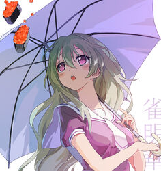  blonde_hair blush character_name choe_myeong_hwa commentary_request female fish_(food) food gunkanmaki holding holding_umbrella ikura_(food) long_hair looking_to_the_side necktie open_mouth photoshop_(medium) purple_eyes purple_shirt roe sailor_collar saki_(manga) school_uniform shirt short_sleeves solo standing sushi umbrella upper_body white_background white_umbrella yaku_yojino 