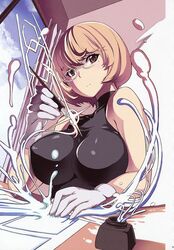  aoki_yuriko bakuman bare_shoulders blonde_hair breasts brown_eyes cloud clouds drawing female glasses gloves highres ink large_breasts looking_at_viewer mole paper pencil short_hair sitting sky smile solo table window 