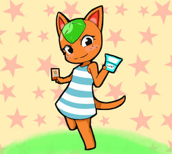  abstract_background animal_crossing anthro barefoot biped black_eyes blue_stripes blush breasts card clothing cosmic_background digital_media_(artwork) domestic_cat dress electronics elemental_creature eyelashes featureless_feet feet felid feline felis female flora_fauna food food_creature freckles fruit full-length_portrait game_console gum_syrup holding_object kemono leaf living_fruit living_orange looking_at_viewer mammal mouth_closed nintendo nintendo_3ds nintendo_ds_family orange_(fruit) orange_tail pattern_clothing pattern_dress plant portrait raised_leg short_dress simple_background sleeveless small_breasts solo standing star starry_background striped_clothing striped_dress stripes tail tan_background tangy_(animal_crossing) 