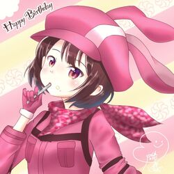  animal_ears animal_hat artist_request bunny_ears bunny_hat female llenn_(sao) pink_gloves red_eyes sword_art_online sword_art_online_alternative:_gun_gale_online 