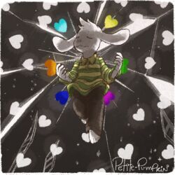  1:1 2018 anthro asriel_dreemurr barrier black_background boss_monster_(undertale) bottomwear bovid caprine closed_eyes clothed clothing detailed_background digital_media_(artwork) floating floppy_ears fully_clothed fur glowing green_clothing head_tuft heart_symbol male mammal midair pants pattern_clothing paws petite-pumpkin shirt signature simple_background smile solo striped_clothing stripes sweater topwear tuft undertale undertale_(series) white_background white_body white_fur yellow_clothing 