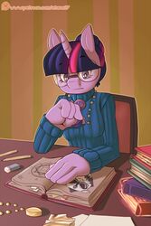  2:3 anthro atane27 book clothed clothing digital_media_(artwork) english_text equid equine eyewear female friendship_is_magic glasses hair hasbro hi_res horn inside mammal my_little_pony mythological_creature mythological_equine mythology patreon patreon_logo pencil_(object) solo text twilight_sparkle_(mlp) unicorn url 