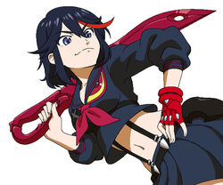  bad_id bad_pixiv_id black_hair blue_eyes female fingerless_gloves gloves kill_la_kill matoi_ryuuko midriff multicolored_hair navel over_shoulder school_uniform scissor_blade_(kill_la_kill) senketsu serafuku short_hair single_glove skirt smile solo suspenders sword sword_over_shoulder two-tone_hair weapon weapon_over_shoulder yuuya_(yu-ya&#039;s) 