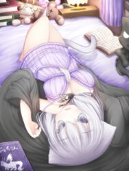  animal_ears breasts cat_ears cat_tail cleavage commentary_request female grey_eyes highres long_hair lying medium_breasts nightmare_cat pixiv_fantasia pixiv_fantasia_t solo tail white_hair 