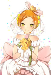  blush bow choker commentary dress earrings female flower green_eyes hoshizora_rin jewelry love_live! love_live!_school_idol_project love_wing_bell lpip microphone off_shoulder orange_hair pink_bow short_hair smile solo symbol-only_commentary veil wedding_dress white_dress 