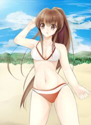  bikini brown_eyes brown_hair commentary_request female highres kantai_collection long_hair ponytail sonyntendo swimsuit yamato_(kancolle) 