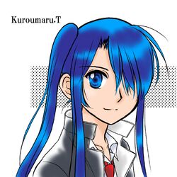  1other androgynous black_jacket blue_eyes blue_hair character_name closed_mouth collared_shirt commentary_request gakuran hair_over_one_eye hiuganya_go jacket long_hair looking_at_viewer necktie one_eye_covered other_focus portrait red_necktie school_uniform shirt side_ponytail sidelocks smile solo tokisaka_kuroumaru uq_holder! white_shirt 