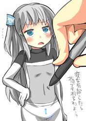  blue_eyes commentary female flat_chest gaoo_(frpjx283) hair_ribbon hand_on_own_hip highres long_hair mini_person minigirl navel original pen_tablet personification ribbon side_ponytail skin_tight stylus tablet-tan translated white_background white_hair 