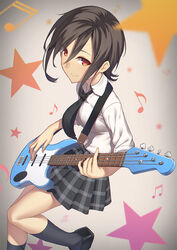  bass_guitar beamed_sixteenth_notes black_hair black_necktie commentary_request eighth_note female fender_jazz_bass instrument mikazuchi_zeus musical_note necktie orange_eyes photoshop_(medium) plaid plaid_skirt school_uniform seto_ferb short_hair skirt smile solo star_(symbol) tokyo_7th_sisters 