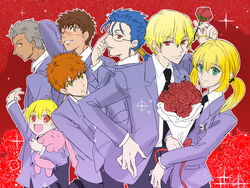  6+boys archer artoria_pendragon_(all) avenger bad_id bad_pixiv_id bespectacled blazer blonde_hair blue_hair brown_hair child_gilgamesh dual_persona emiya_shirou fate/hollow_ataraxia fate/stay_night fate/zero fate_(series) flower gilgamesh glasses highres jacket lancer multiple_boys necktie orange_hair ouran_high_school_host_club parody ponytail reverse_trap rose saber school_uniform shimo_(s_kaminaka) sparkle stuffed_animal stuffed_bunny stuffed_toy white_hair 