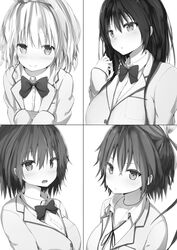  4girls blazer blush bow breasts closed_mouth greyscale hair_between_eyes hair_ornament hairbow hairclip highres jacket kawaikereba_hentai_demo_suki_ni_natte_kuremasu_ka? kiryuu_mizuha koga_yuika large_breasts monochrome multiple_girls nanjou_mao non-web_source novel_illustration official_art open_clothes open_jacket open_mouth parted_lips school_uniform sleeves_past_wrists sune_(mugendai) teeth tokihara_sayuki upper_body wavy_hair 