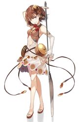  arm_behind_head brown_hair butter_knife clothing_cutout commentary_request dress elbow_gloves female food full_body gloves grin hair_ornament highres looking_at_viewer morinaga_(brand) navel navel_cutout original oversized_object pancake polearm red_eyes short_hair simple_background sleeveless sleeveless_dress slippers smile solo standing tsukugu weapon white_background 