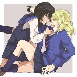  2girls alpachiiino andou_(girls_und_panzer) angry bc_freedom_school_uniform black_hair black_skirt black_socks black_vest blonde_hair blue_eyes blue_necktie blue_sweater brown_footwear cardigan commentary dark-skinned_female dark_skin diagonal_stripes dress_shirt fighting from_side frown girls_und_panzer grabbing_another&#039;s_hair grey_background grimace kneehighs kneeling loafers long_sleeves looking_at_another medium_hair miniskirt multiple_girls necktie necktie_grab neckwear_grab open_mouth oshida_(girls_und_panzer) outside_border pleated_skirt protected_link red_necktie school_uniform shirt shoes sitting skirt socks striped striped_necktie sweat sweater sweater_around_neck trembling vest white_shirt wing_collar 