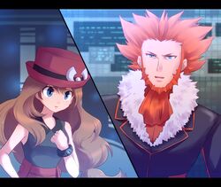  1boy beard blue_eyes bracelet breasts brown_hair duo facial_hair female female fleur-de-lis_(pokemon) hat jacket jewelry long_hair lysandre_(pokemon) male nintendo pokemon pokemon_(game) pokemon_xy red_hair serena_(pokemon) small_breasts wristband 