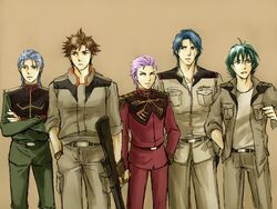  5boys blue_hair brown_hair crossed_arms eric_blanke green_hair gun gundam gundam_08th_ms_team gundam_battlefield_record_uc_0081 gundam_lost_war_chronicles hugues_courand ken_bederstadt matt_healy military_uniform multiple_boys purple_hair redelta shiro_amada simple_background uniform weapon 