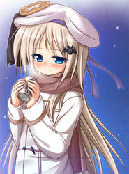  alternate_costume bat_hair_ornament blue_eyes blush breath brown_scarf can closed_mouth comiket_87 commentary_request female grey_hair hair_ornament half-closed_eyes hand_up hat highres holding holding_can kud_wafter little_busters! long_hair looking_at_viewer mizunoe_kotaru night noumi_kudryavka outdoors photoshop_(medium) scarf smile snowing solo split_mouth steam upper_body very_long_hair winter winter_clothes 