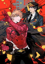  2boys armor assault_rifle belt daewoo_k2 formal gotou_hidenori gun hat hazama_masayoshi henshin highres kurahana_chinatsu looking_at_viewer male_focus multiple_boys necktie official_art police police_uniform red_background rifle samurai_flamenco samurai_flamenco_(character) suit uniform weapon 