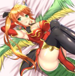  armpits breasts chinese_clothes cleavage cleavage_cutout clothing_cutout commentary_request earrings female gloves green_eyes jewelry large_breasts leilan_(p&amp;d) long_hair lying noeomi puzzle_&amp;_dragons red_hair side_ponytail solo thighhighs wings zettai_ryouiki 