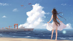  aircraft aircraft_carrier airplane barefoot beach brown_hair cloud commentary_request contrail day dock dress ericsakura facing_away female fighter_jet from_behind j-15 j-20 j-8 jet long_hair military military_vehicle no_panties original outdoors people&#039;s_liberation_army people&#039;s_liberation_army_air_force people&#039;s_liberation_army_navy photoshop_(medium) scenery see-through see-through_silhouette shandong_(aircraft_carrier) ship skirt_hold sky sleeveless sleeveless_dress solo standing sundress type_001a_aircraft_carrier warship water watercraft waves white_dress wind 