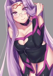  adjusting_hair ass_visible_through_thighs bad_id bad_pixiv_id blush breasts cleavage cleavage_cutout clothing_cutout commentary_request fate/grand_order fate/stay_night fate_(series) female glasses grey_background highres hip_vent large_breasts leaning_forward long_hair looking_at_viewer medusa_(fate) medusa_(rider)_(fate) purple_eyes purple_hair rimless_eyewear sentaku_nori simple_background smile solo 