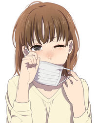  allergy bad_id bad_pixiv_id blush brown_hair commentary_request female hay_fever long_hair mask mask_around_one_ear mask_pull mattaku_mousuke mouth_mask one_eye_closed original photoshop_(medium) runny_nose simple_background snot solo surgical_mask tears upper_body white_background white_mask 