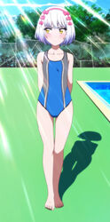  absurdres anime_screenshot arms_behind_back barefoot blush competition_swimsuit female grey_hair highres looking_away nisekoi one-piece_swimsuit paula_mccoy poolside shadow short_hair solo standing stitched sunlight swimsuit thigh_gap third-party_edit yellow_eyes 