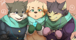  anthro blush canid canine canis chains clothed clothing cu_sith_(tas) domestic_dog earbuds electronics garmr_(tas) group headphones hi_res kemono lifewonders male mammal moritaka_(tas) open_mouth portable_music_player scar scarf slightly_chubby smile tach8 tokyo_afterschool_summoners wolf 