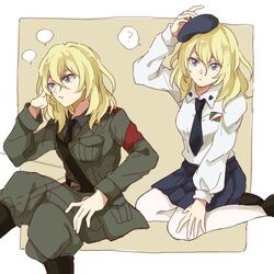  ? alpachiiino anchovy_(girls_und_panzer) anchovy_(girls_und_panzer)_(cosplay) anzio_military_uniform anzio_school_uniform belt beret black_footwear black_hat black_necktie black_shirt black_skirt blonde_hair blue_eyes boots brown_background closed_mouth commentary cosplay crossed_legs dress_shirt dual_persona emblem female girls_und_panzer grey_jacket grey_pants hand_in_own_hair hand_on_head hand_on_own_head hat jacket knee_boots loafers long_sleeves looking_at_viewer looking_to_the_side medium_hair military military_uniform miniskirt necktie oshida_(girls_und_panzer) outside_border pants pants_tucked_in pantyhose parted_lips pleated_skirt protected_link sam_browne_belt school_uniform seiza shirt shoes sitting skirt spoken_question_mark uniform white_legwear white_shirt wing_collar 