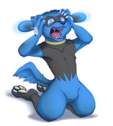  2016 4_toes 5_fingers alpha_channel anthro biped black_body black_fur black_nose blue_body blue_fur bodily_fluids canid canine crying eyebrows featureless_crotch feet fingers fur generation_4_pokemon glowing glowing_eyes kneeling lurry male mammal nintendo nude open_mouth pokemon pokemon_(species) pokemorph raised_inner_eyebrows red_eyes riolu scared screaming simple_background solo tears toes tongue transparent_background uvula 