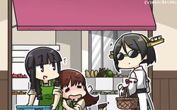  3girls apple apron basket black_hair blunt_bangs boots box braid brown_hair carrot closed_eyes commentary_request cowboy_shot dated detached_sleeves drooling food fruit fruit_stand green_apron hairband hamu_koutarou headgear highres kantai_collection kirishima_(kancolle) kirishima_kai_ni_(kancolle) kitakami_(kancolle) kitakami_kai_ni_(kancolle) long_hair multiple_girls nontraditional_miko onion ooi_(kancolle) ooi_kai_ni_(kancolle) orange_(fruit) persimmon potato pumpkin purple_eyes ribbon-trimmed_sleeves ribbon_trim school_uniform serafuku short_hair sidelocks single_braid squash sunglasses thigh_boots thighhighs 