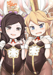  2girls :d :o animal_ears arulumaya black_hair blonde_hair blue_eyes blush breasts brown_legwear cameltoe charlotta_(granblue_fantasy) cleavage cleavage_cutout clothing_cutout commentary_request cowboy_shot dated fake_animal_ears fake_tail flying_sweatdrops granblue_fantasy hairband hands_on_own_chest harvin highleg highleg_leotard jingai_modoki leotard long_hair looking_at_viewer mole mole_under_eye multiple_girls necktie open_mouth orange_eyes outline pantyhose playboy_bunny pointy_ears puffy_sleeves rabbit_ears rabbit_tail short_eyebrows short_sleeves small_breasts smile sweatdrop swept_bangs tail tall_crown twirling_hair very_long_hair wavy_mouth wrist_cuffs 