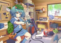  2girls air_compressor airbrush backpack bag bench_vise bird blue_eyes blue_hair boots box broom cable cardboard_box commentary_request electric_fan electric_plug forest hair_bobbles hair_ornament hat japanese_white-eye kawashiro_nitori kirisame_marisa looking_at_viewer mechanical_arms monmonga multiple_girls nature open_clothes open_shirt over_shoulder paint_gun pincers puffy_sleeves radio shed shelf shirt short_sleeves shoulder_bag silhouette single_mechanical_arm sitting skirt tools touhou two_side_up window wrench 